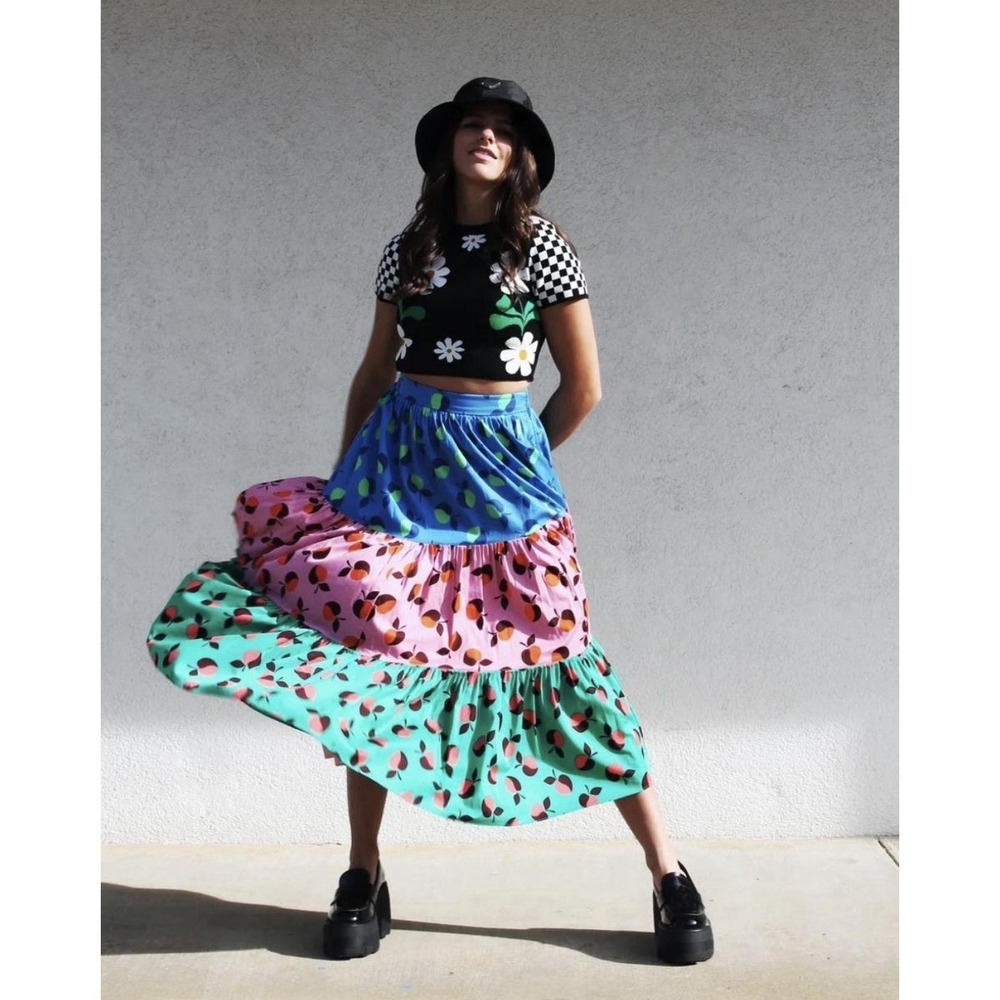 KATE SPADE Color block Apple Maxi Skirt‎ SIZE 14 $398 Twee Whimsical Broomstick
